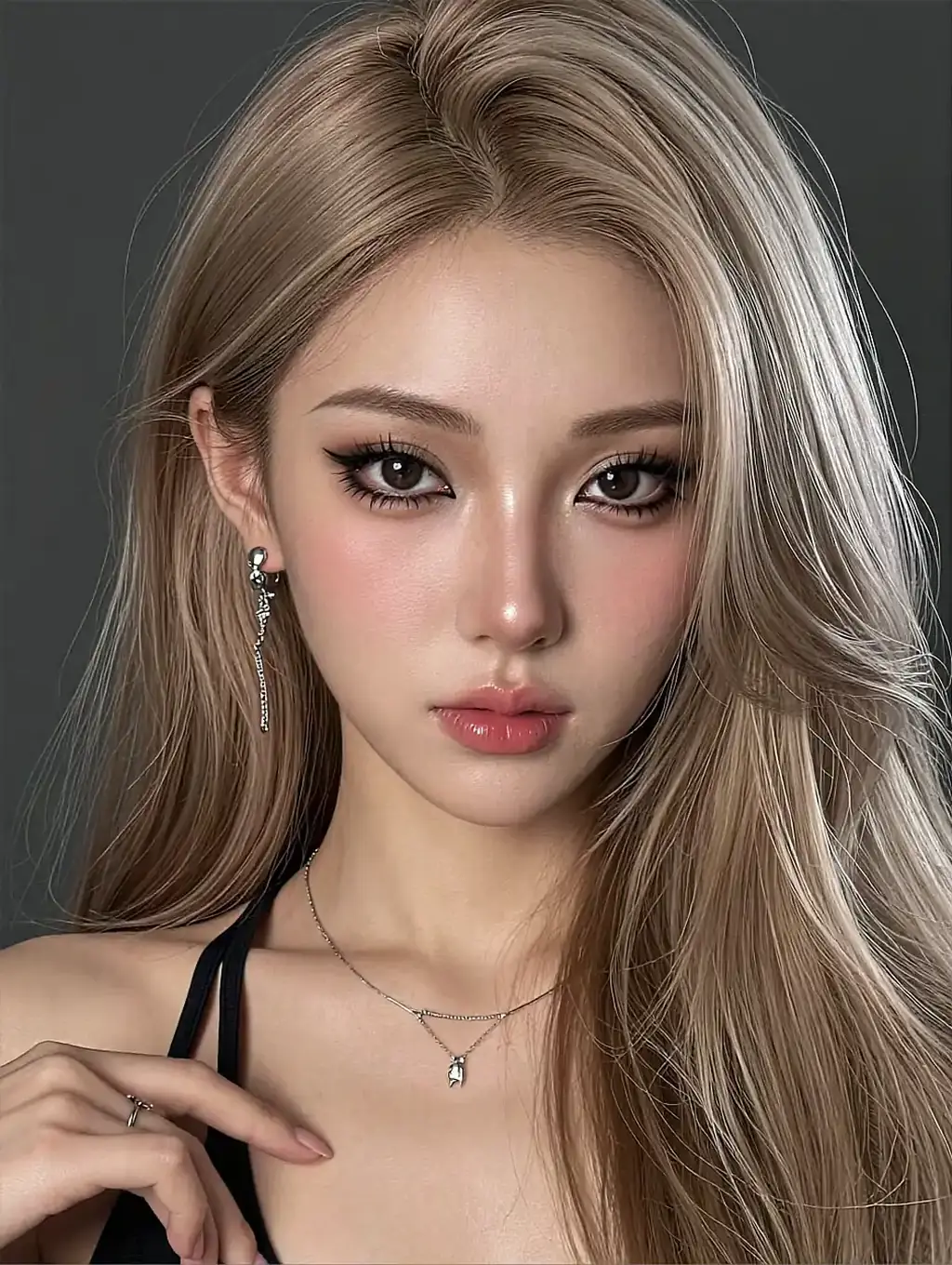 Fictional AI character with long platinum-blonde hair, studio portrait with one hand raised to her shoulder